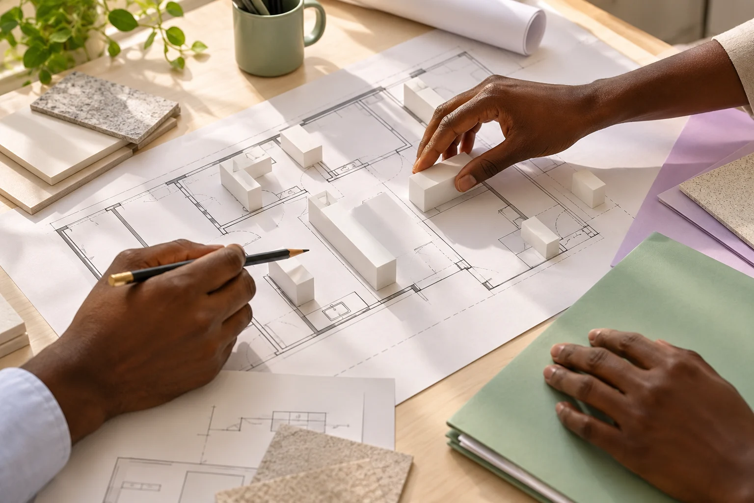 Illustration d’une préparation de projet autour d’un plan et de volumes de travail